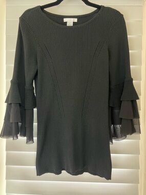 Design History Black Ribbed Knit Dress with Tiered Ruffle Sleeves